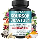 Soursop Graviola Capsules with Elderberry, Turmeric, Ginger, Milk Thistle, Tart Cherry and More - 120 Capsules for 4 Months Supply