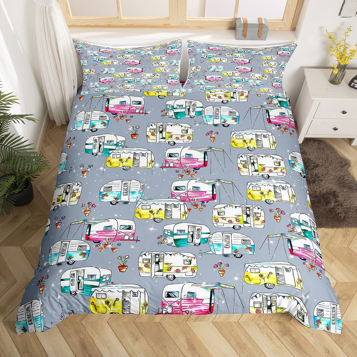 Camper Van Bedding Duvet Cover Set Kids Happy Camping Bedding Set Boys Girls Nature Farmhouse Glitter Decor Comforter Cover Set Microfiber Bedspread Cover Bedroom Bedclothes Single Size โ image 1