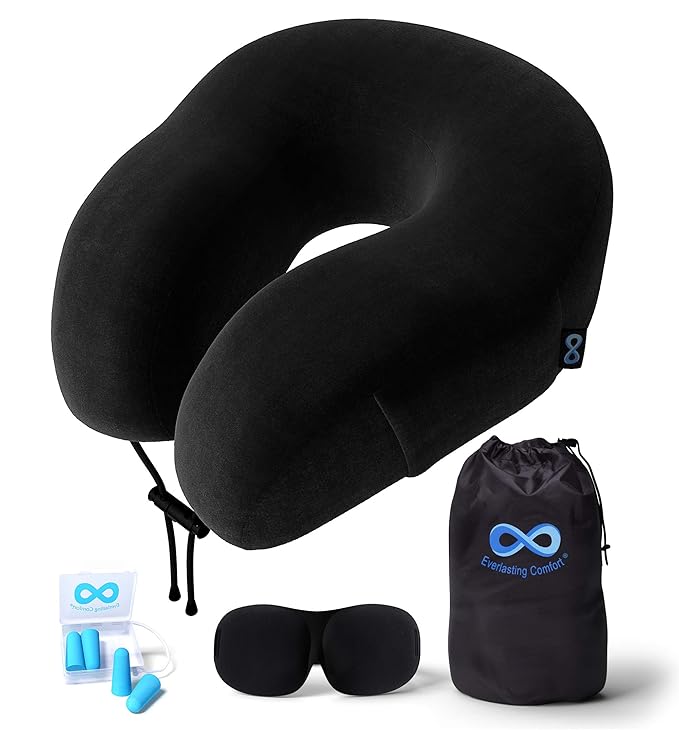 Everlasting Comfort 100% Pure Memory Foam Neck Pillow Airplane Travel Kit with Ultra Plush Velour Cover, Sleep Mask and Earplugs best men's travel accessories