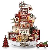 Shellwei 24 Pcs Christmas Tiered Tray Decor Wood Rustic Christmas Decoration for Home Table Shelf Winter Farmhouse Decor Xmas Trees Gnome Elk Snowflake Signs (Buffalo Plaid)