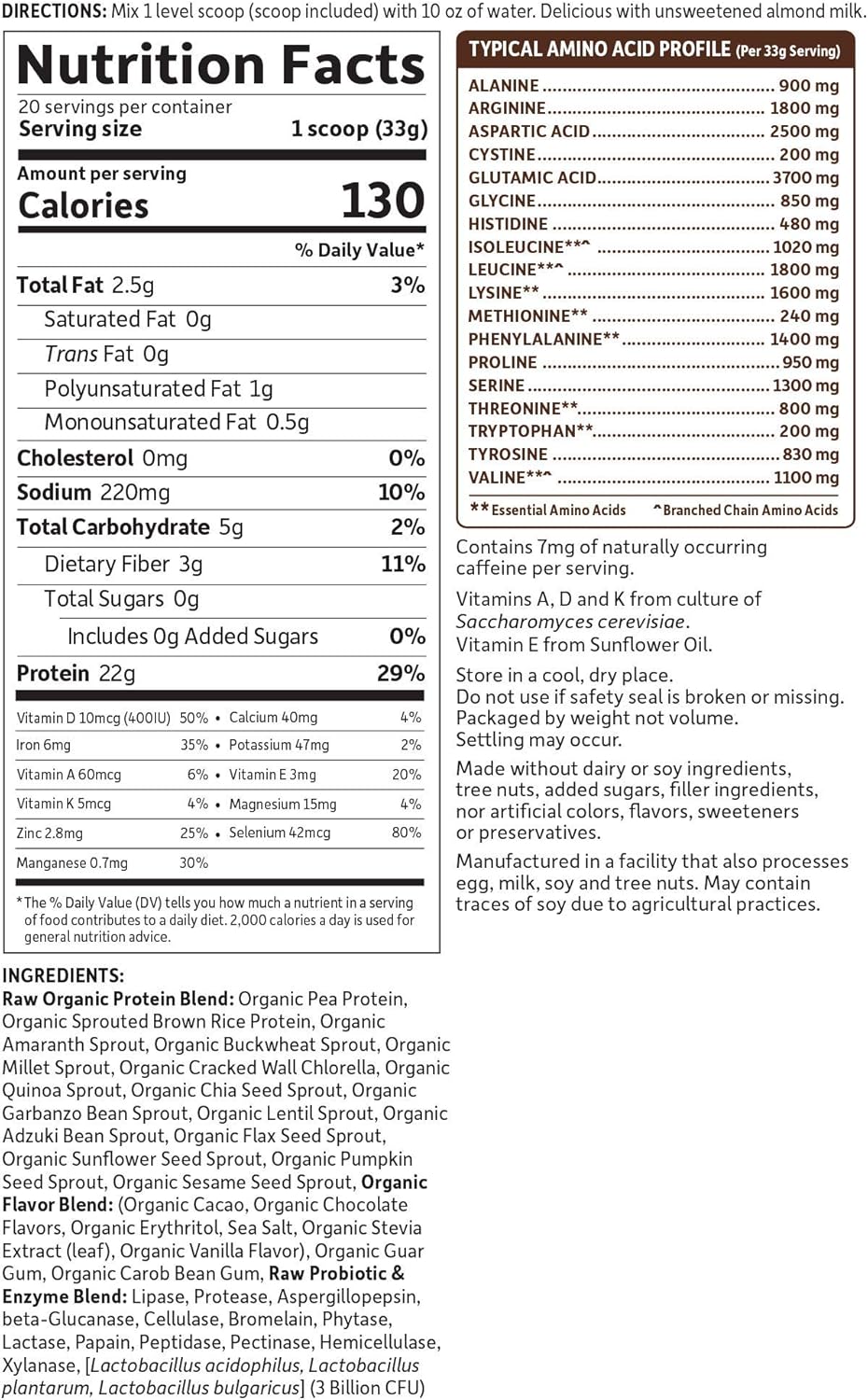 Garden of Life Raw Organic Protein Chocolate Powder, 20 Servings, Certified Vegan, Gluten Free, Organic, Non GMO, Plant Based Sugar Free Protein Shake With Probiotics & Enzymes, 4g BCAAs, 22g Protein: Health & Personal Care