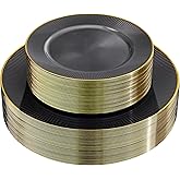 Hioasis 60pcs Black and Gold Plastic Plates - Black Disposable Dinnerware Set, 30pcs Dinner 10.25in & 30pcs Dessert 7.5in Plates with Striped Designs for Party & Wedding