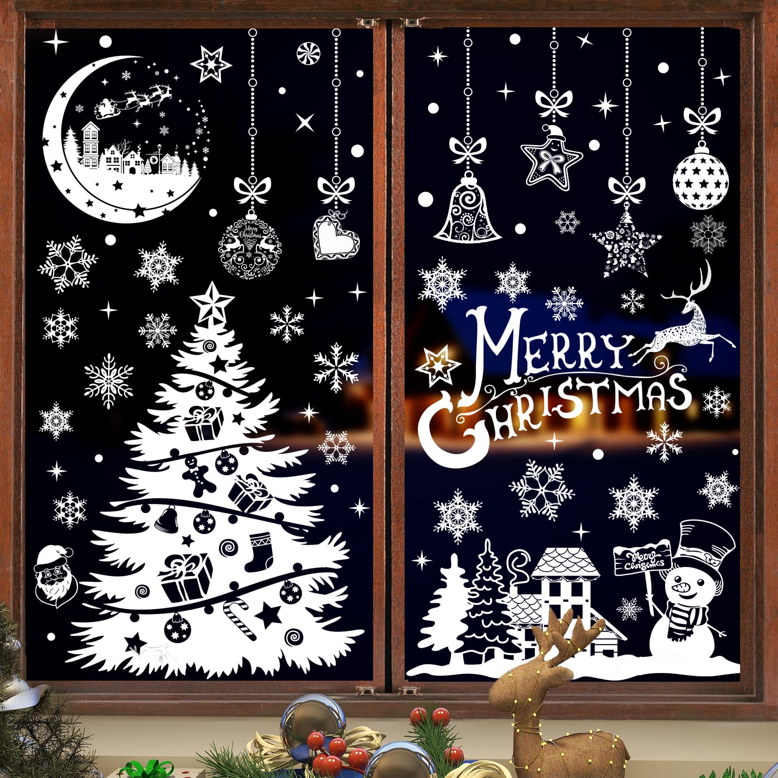 Nepfaivy Christmas Window Stickers Reusable 202Pcs - Double Sided Xmas Window Stickers Christmas Scene, Removable White Snowflake Reindeer Clings for Xmas Decorations