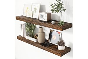 Heimlove 36 Inch Floating Shelves for Wall 8 Inch Deep Rustic Brown Shelves Set of 2,Wall Mounted Rustic Wood Long Floating S