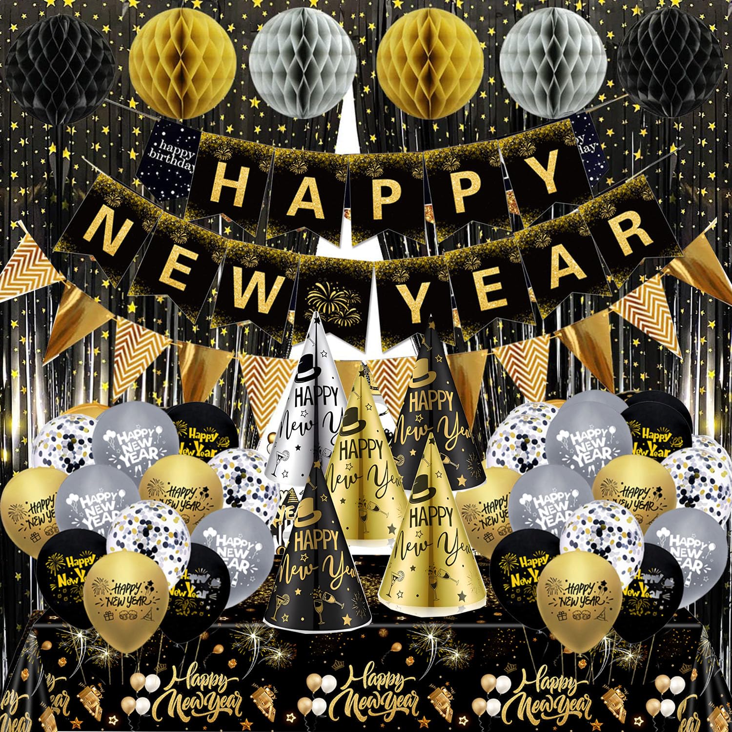 New Year 2026 Decorations,Black & Gold Balloon Kits,Paper Pompoms, New Year's Eve Decoration, Includes Hats, Banner, tablecloth,star curtians