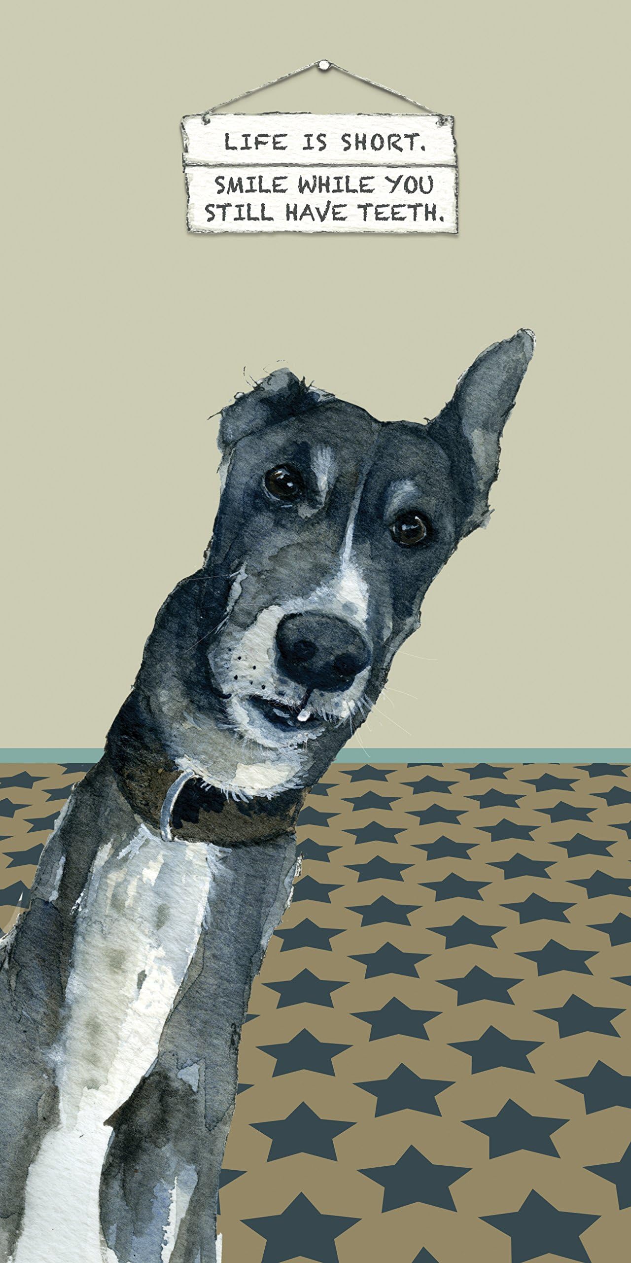 Blake the Retired Greyhound dog with a toothy grin funny BLANK greeting card - Smile while you still have teeth