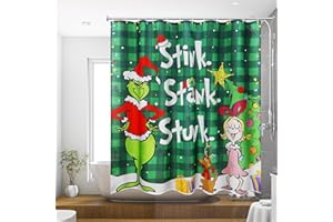BROENO Christmas Shower Curtain and Ring Set, Green Shower Curtain with 12 Plastic Hooks for Bathroom Winter Holiday Xmas Decorations 72" x 72" (Green5)