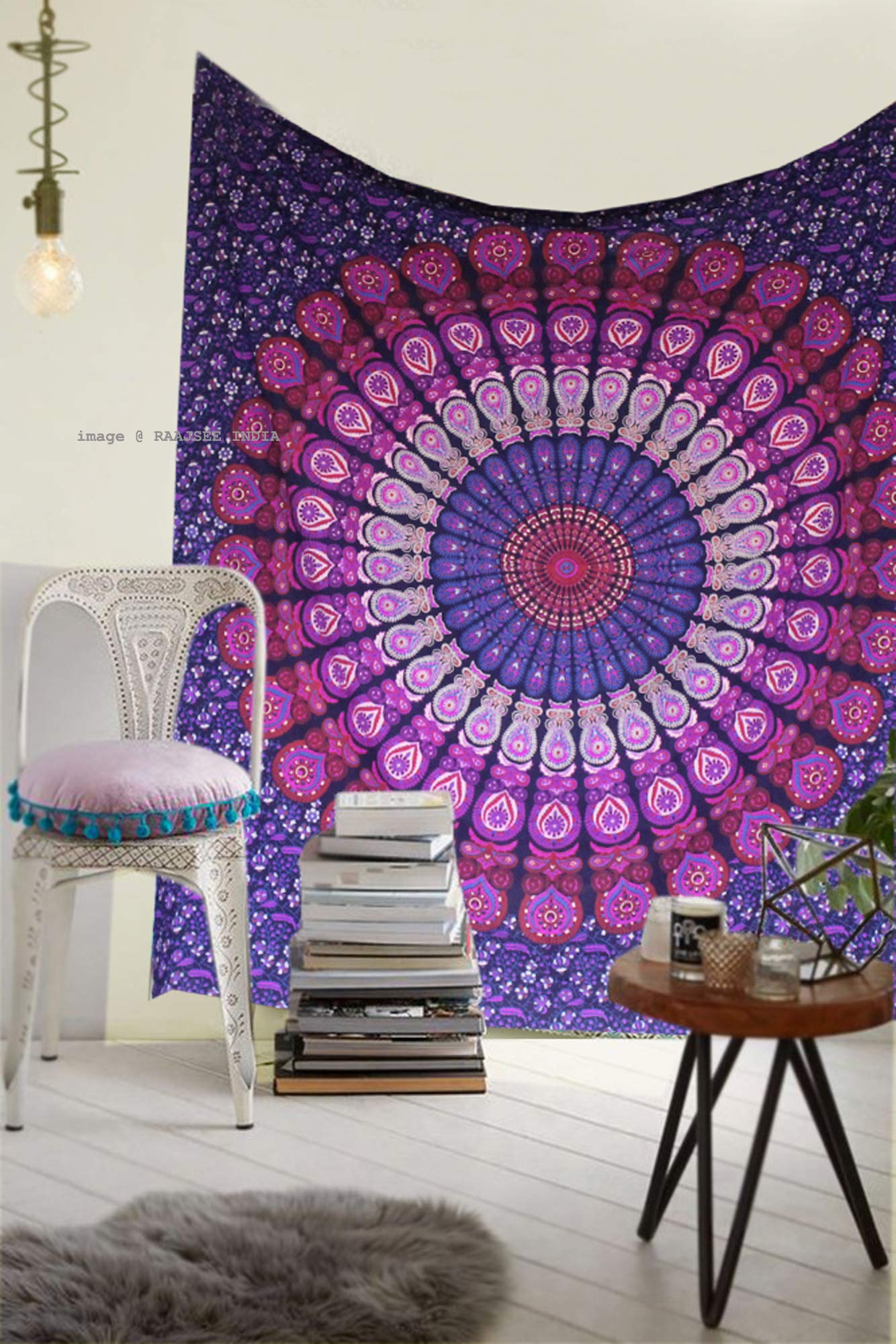 raajsee Indian Cotton Purple Tapestry Mandala Wall Hangings, Boho Throw Bohemian Bedding Queen Bedspread 140X210 CMS