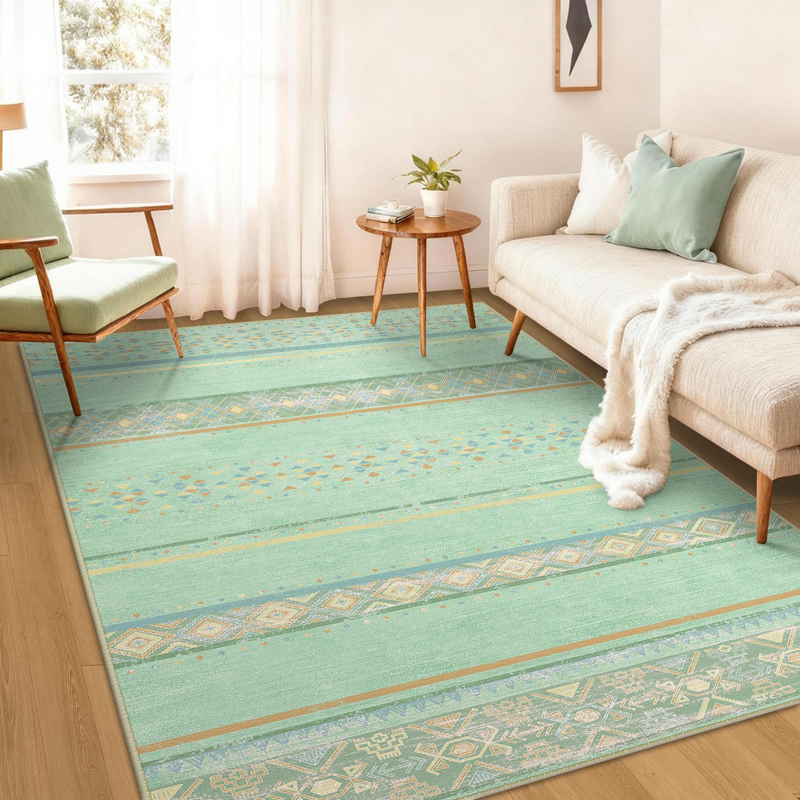 BESTSWEETIE 8x10 Area Rugs for Living Room Washable Moroccan Farmhouse Neutral Geometric Low Pile Non-Slip Soft Print Pattern Rug for Bedroom Kitchen Dining Room Entryway Colorful/Green/Blue/Orange