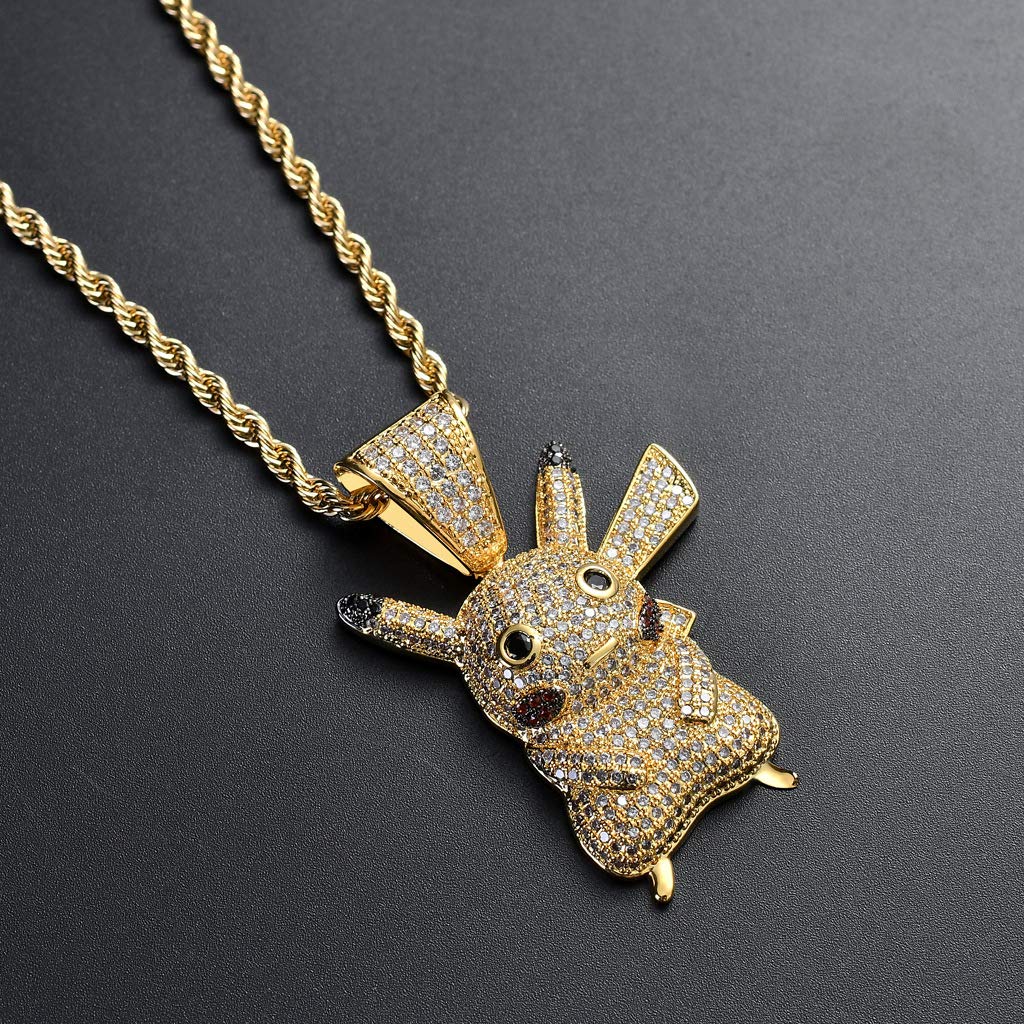 MTCLFTOO Hip Hop Pikachu Pendant Necklace, Jewelry Unisex Iced Out Necklace with Rope Chain+Mala Beads Bracelet Gift for Men Women Kids-Gold