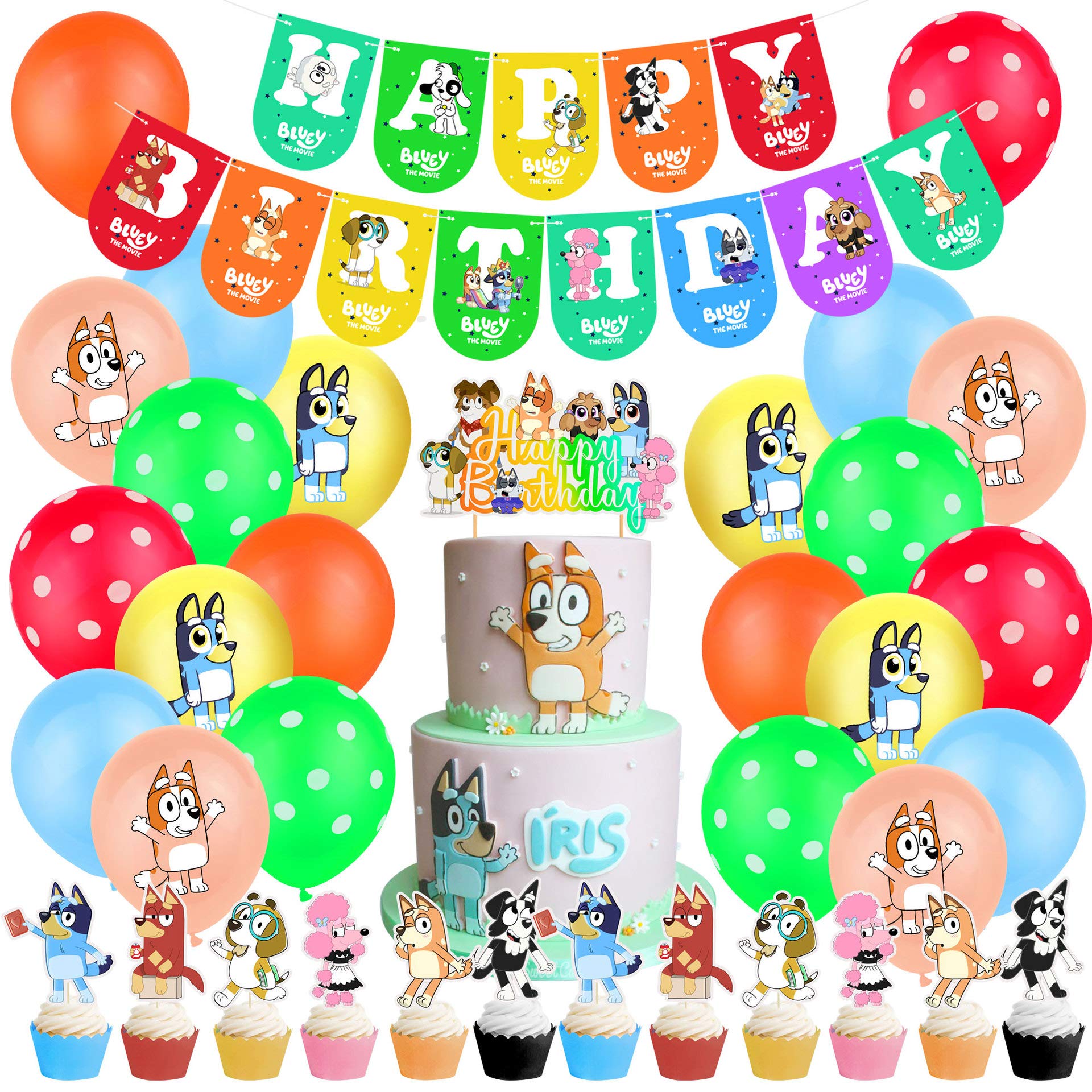 Bingo Bluey Party Decorations Set,Bingo Bluey Birthday Party Supplies - Bingo Bluey Birthday Cake Topper and Bingo Bluey Birthday Banner Birthday Ballons for Bingo Bluey Themed Party