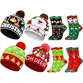 MGparty 8 Pack Christmas LED Beanie Hat and Socks Set Winter Light-Up Knit Hat with Crew Socks for Kids and Adults, Festive Holiday Accessories for Xmas, New Year, and Party Supplies