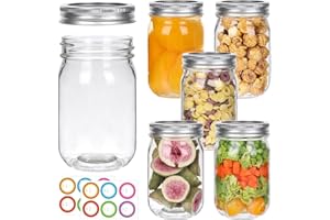 Jinaneil 6 Pack 12 oz Regular Mouth Mason Jars with Silver Lids and Bands, Bonus 6 One-Piece Lids -Glass Canning Jars for Pic