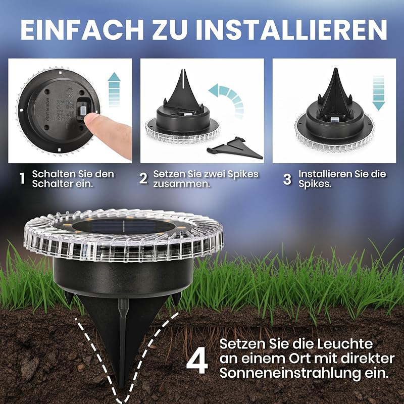 Solarleuchten für den Außenbereich, 20 Stück Solar-Bodenleuchten, IP65 wasserdicht für Treppen, Terrasse und Gehwege (Warmweiß) — Foto 5 von 6