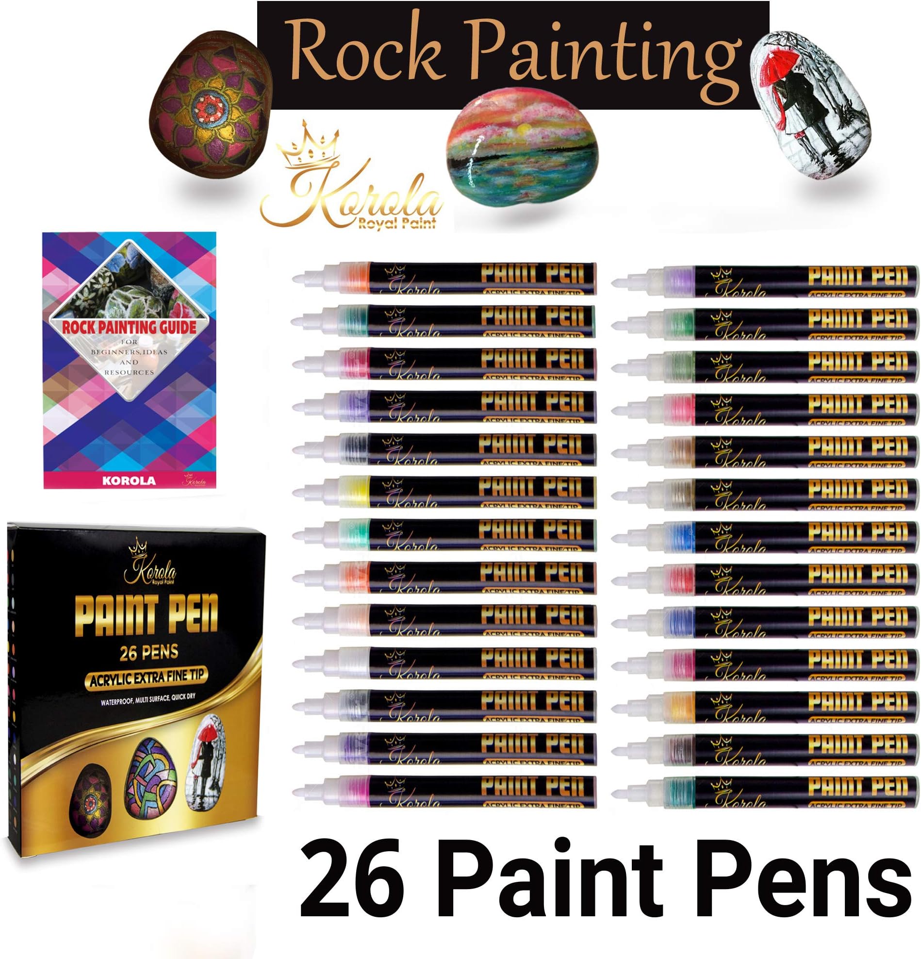 Set of 26 Acrylic Paint Pens Markers for Glass, Rock Painting, Ceramic, Leather, Wood, Metal, Canvas Point. Water Based Extra Fine Point Opaque Ink, Vibrant Colors for Must Multi Surfaces