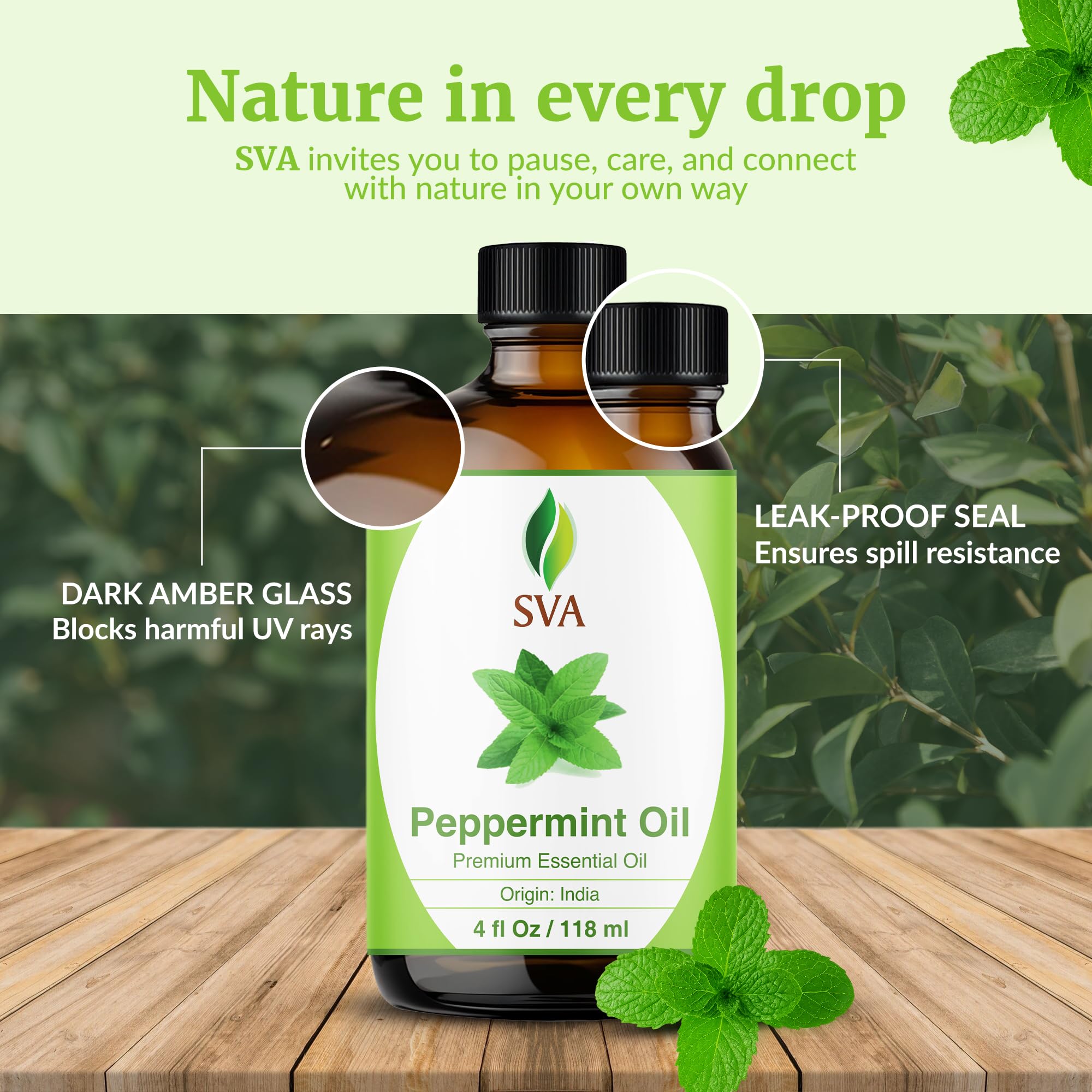 SVA Peppermint Essential Oil – 4 Fl Oz – 100% Natural Peppermint Oil - for Diffuser, Hair Care, Face, Skin Care, Aromatherapy, Scalp and Body Massage, Soap and Candle Making - with Dropper