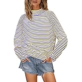 Yanekop Womens Striped Mock Neck Shirts Oversized Long Sleeve Tops Casual Pullover Tops Fall Fashion Basic Tees