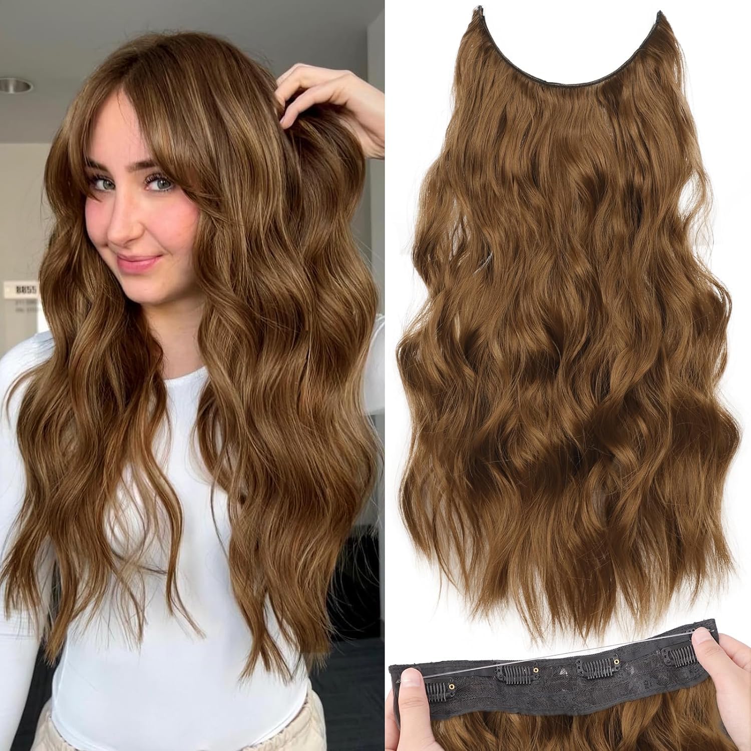 PORSMEER Invisible Wire Hair Extensions with Transparent Headband Adjustable Secure Clips Long Wavy Hairpiece 20 Inch for Women (Medium Brown)