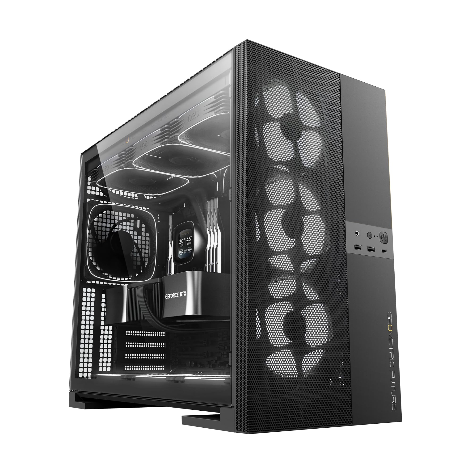 M5 Vent Mesh Panel Tempered Glass Mid Tower, E-ATX/ATX Gaming Case, High Airflow, 1.2mm Steel, Type C, Support 420/360 Radiator, ARGB PWM 140m fan x 5 Pre-Installed, Black, GEO-M5VF-B