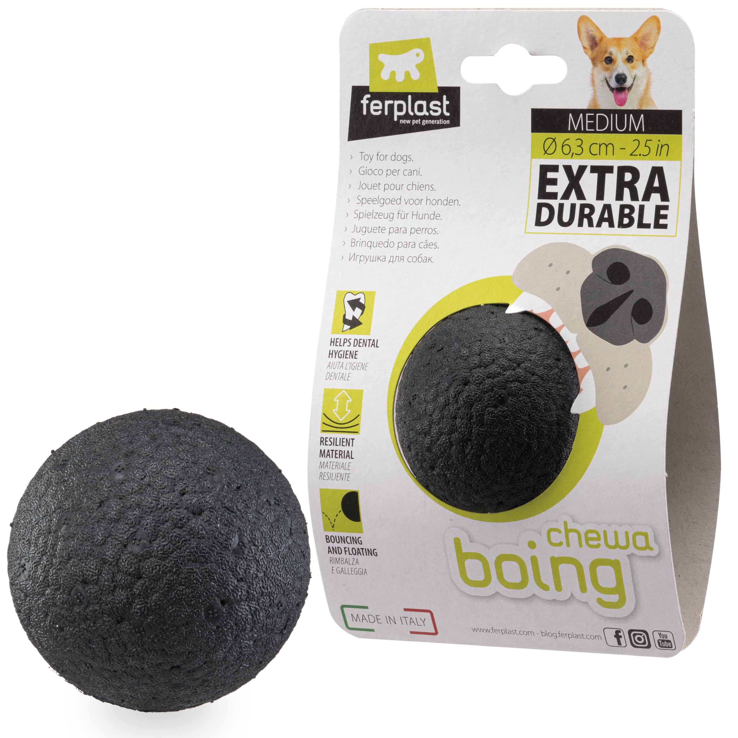 Ferplast CHEWA BOING BALL Dog Toy Super Bouncing & Floating - Innovative Chewing-Resistant Material - 3D Texture for Dental Hygiene - Ultra Durable - Italian Design - Size M, Black