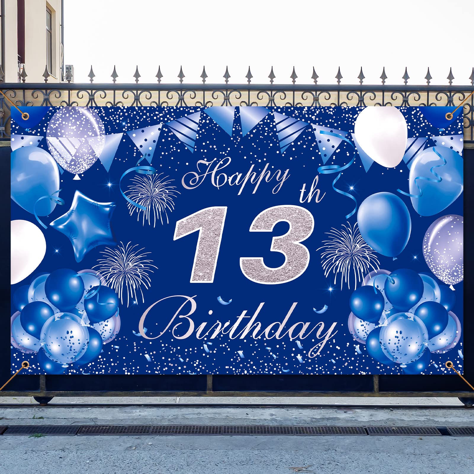 Pinenuts Happy 13th Birthday Backdrop Banner Blue, Large Fabric 13th Birthday Decoration for Boys & Girls, Photo Background Sign Poster, 3.6 x 6.1 ft