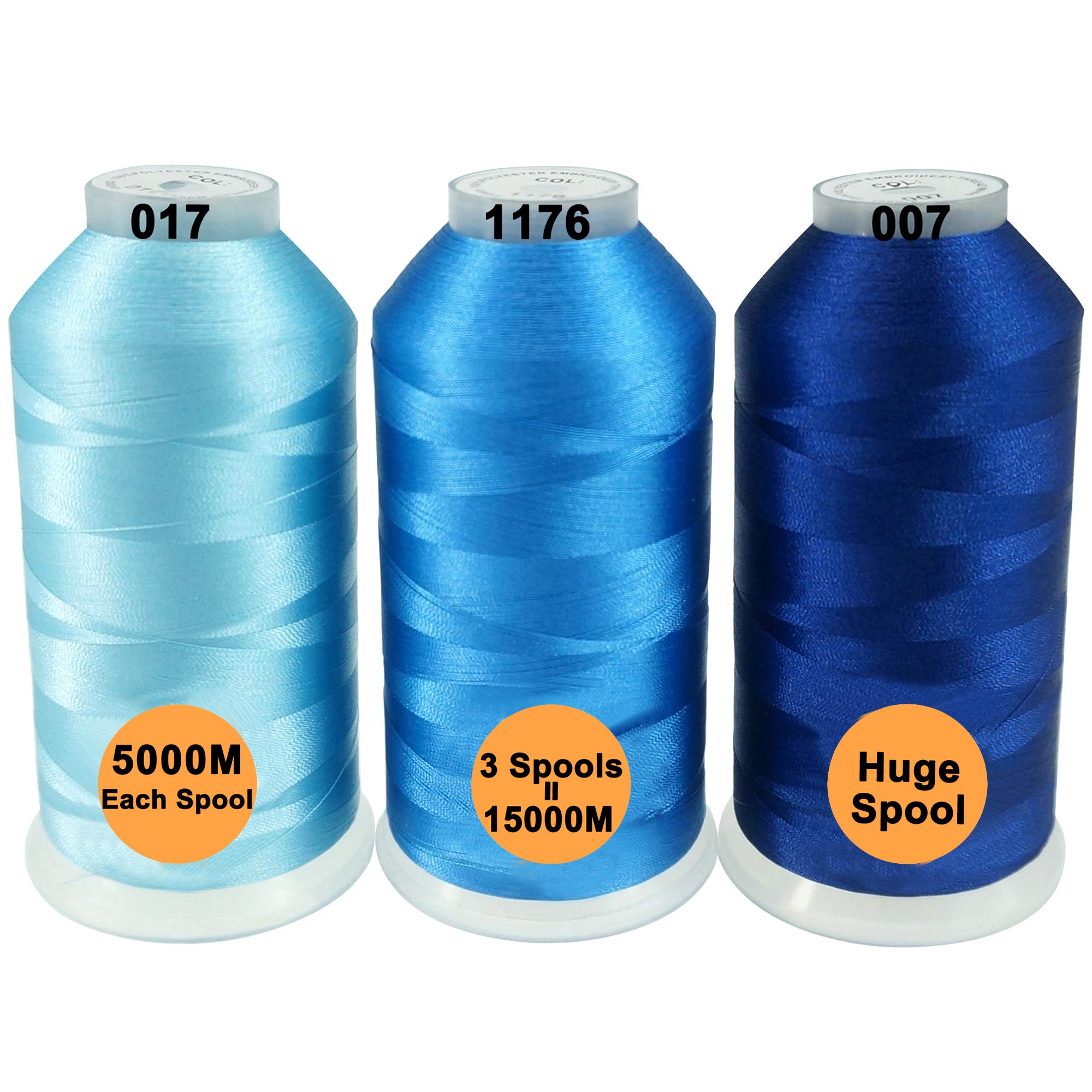 New brothread Set of 3 Different Blue Colors Polyester Machine Embroidery Thread Huge Spool 5000M for All Embroidery Machines