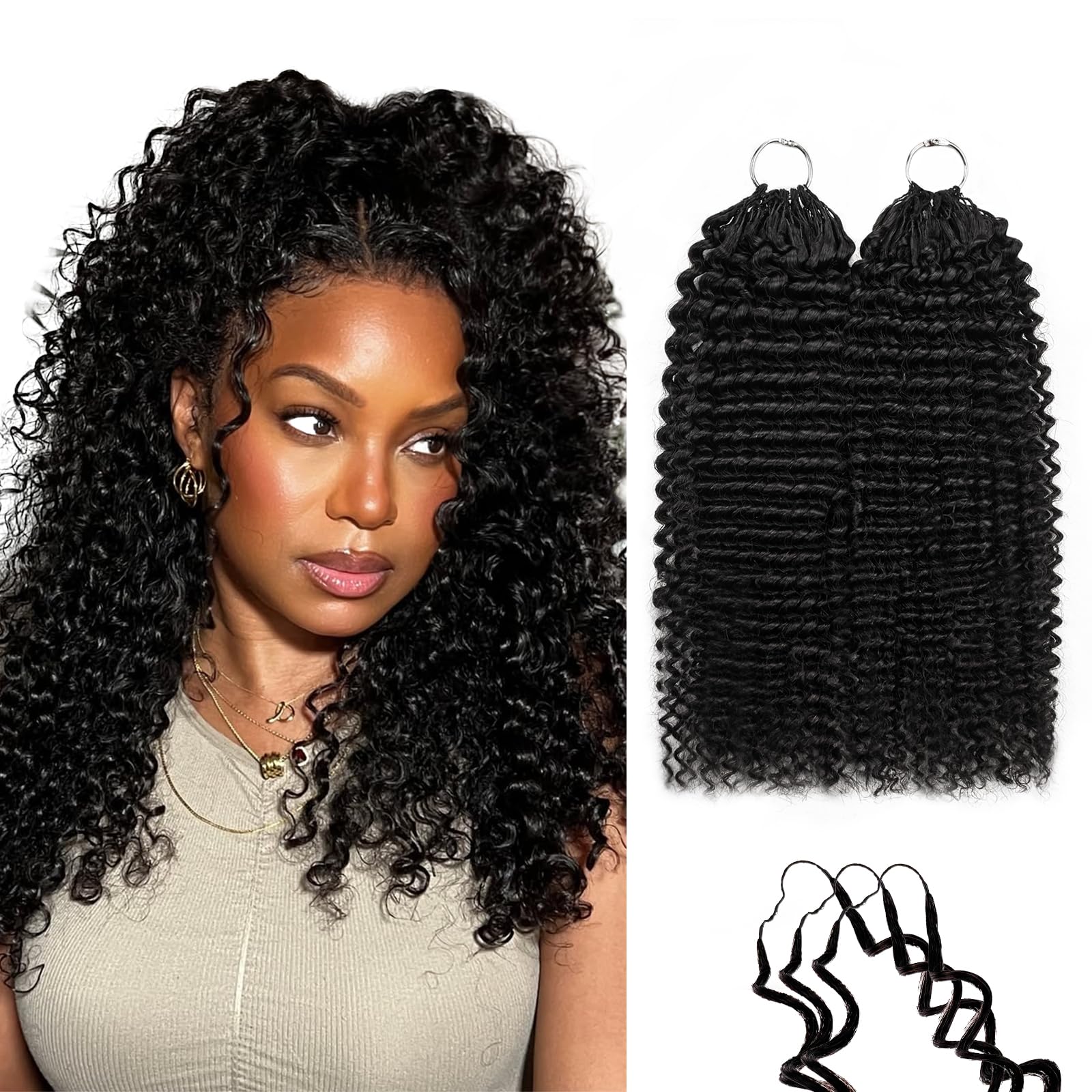 Photo 1 of ***STOCK PHOTO FOR REFERENCE ONLY*** Human Crochet Hair Kinky Curly Crochet Human Hair 18 Inch 120g Afro Kinky Curly Knotless Pre-Separated Feather Crochet Human Hair Invisible Crochet Hair Extensions 100 Strands Natural Black