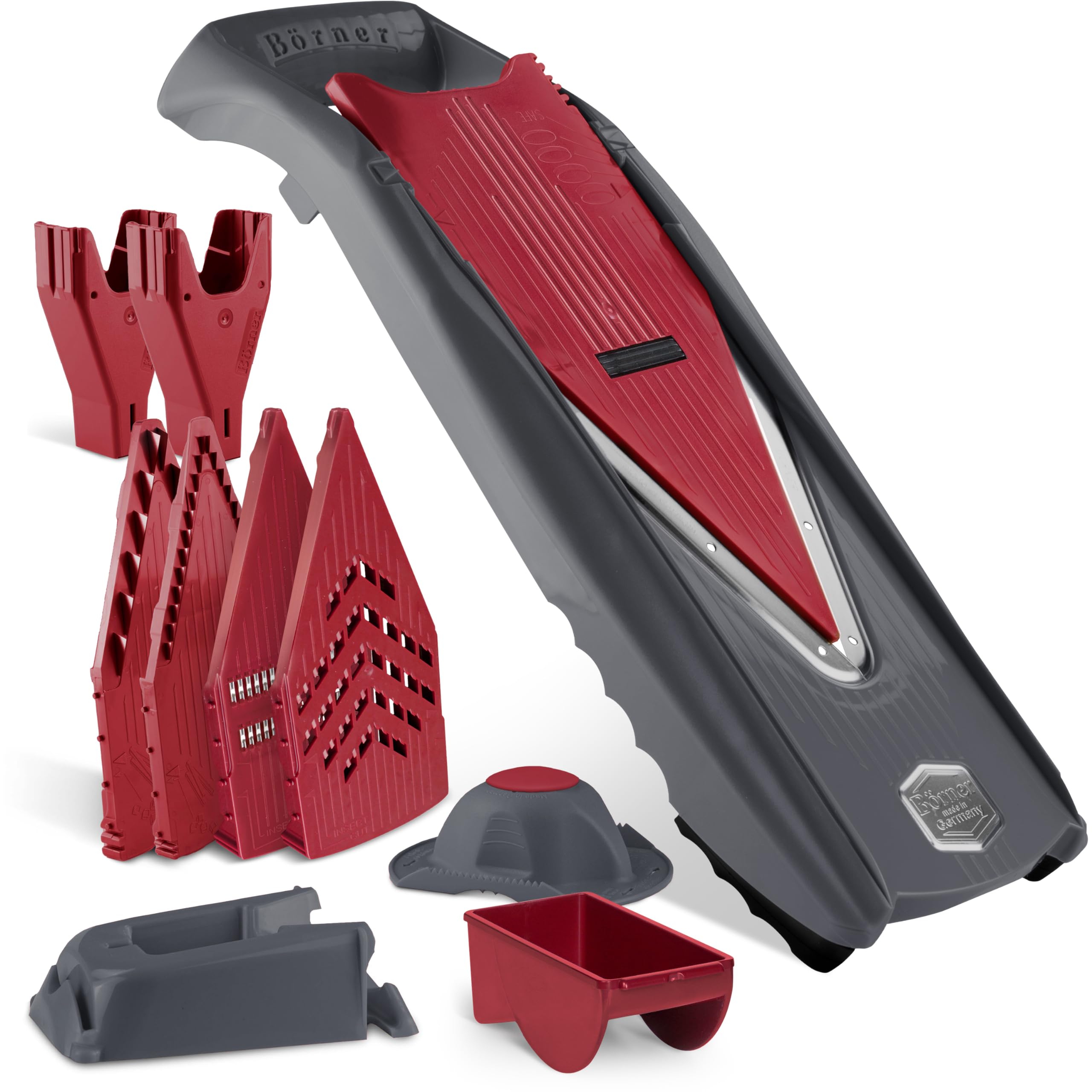Börner Gemüsehobel Vital (Profi Set) • 12 Schnittarten • Gemüseschneider Edelstahl • Mandoline mit Dressing-Funktion • V-Hobel für Scheiben, Julienne Streifen, Würfel & Gemüsespaghetti 8