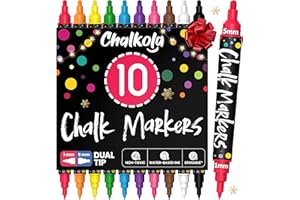 Chalkola Dual Tip Liquid Chalk Markers for Blackboard (10 Pack, 1mm+5mm Fine, Bold) - Dry Erase Marker Pens for Chalkboards Signs, Car Windows, Glass, Mirrors - Erasable Chalkboard Markers