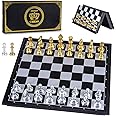 AMEROUS 10'' Magetic Travel Chess Set, Plastic Portable Folding Chess Board Game with Gold and Silver Chess Pieces - 2 Extra Queens - Chess for Beginner, Kids, Adults