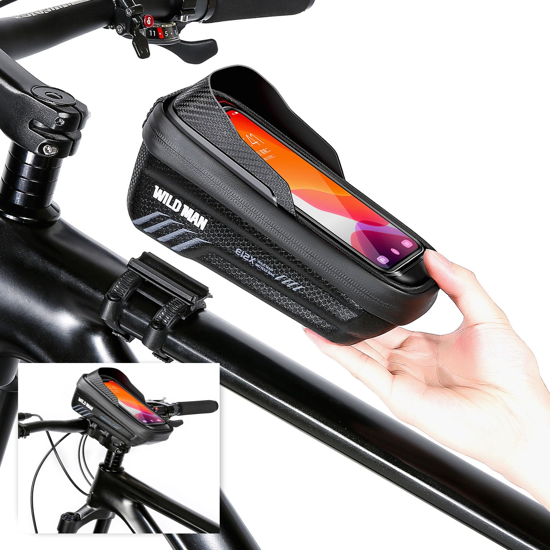 Bike Frame Bag, Bike Handlebar Bag, Waterproof Cycling Front Top Tube Pouch Pannier Bicycle Phone Mount Holder Cycle Crossbar Storage Bags for iPhone 16 15 14 13 12 11 Pro Max Smartphone Below 6.9''