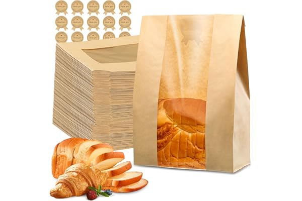 50 Pcs Bread Bags for Homemade Bread 50% Thicker With Window Sourdough Bags | Large Kraft Paper Bag, 13.7x8.2x3.7in, Used for Storage Bakery Cookies & Snacks, 60 Cute Sealing Stickers with Ties