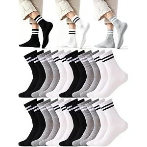 DADAB 12/24 Pairs Striped Crew Socks Unisex, Cotton Mid Crew Socks Size 5-9 | Soft cotton striped crew socks with breathable