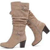 Ruiee Women's Knee High Boots Slouchy Heeled Boots. | Chunky Heel, Casual Versatile, Cute, Side Zipper, Comfort, Faux Leather, Round Toe