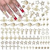100Pcs Gold Star Dangle Nail Charms, Alloy Metal Star Planet Nail Charm, Cross Star Nail Gems Charms, Gold Alloy Nail Charm for Acrylic Nail Art Designs Women DIY Accessories