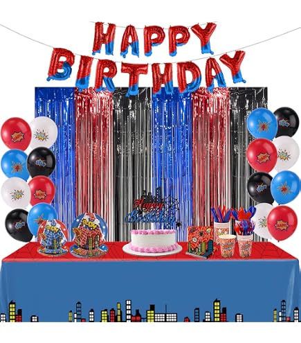 Lot de 117 fournitures d'anniversaire araignée avec assiettes, tasses, serviettes, couteaux, fourchettes, cuillères, vaisselle, nappe, accessoires pour fêtes à thème