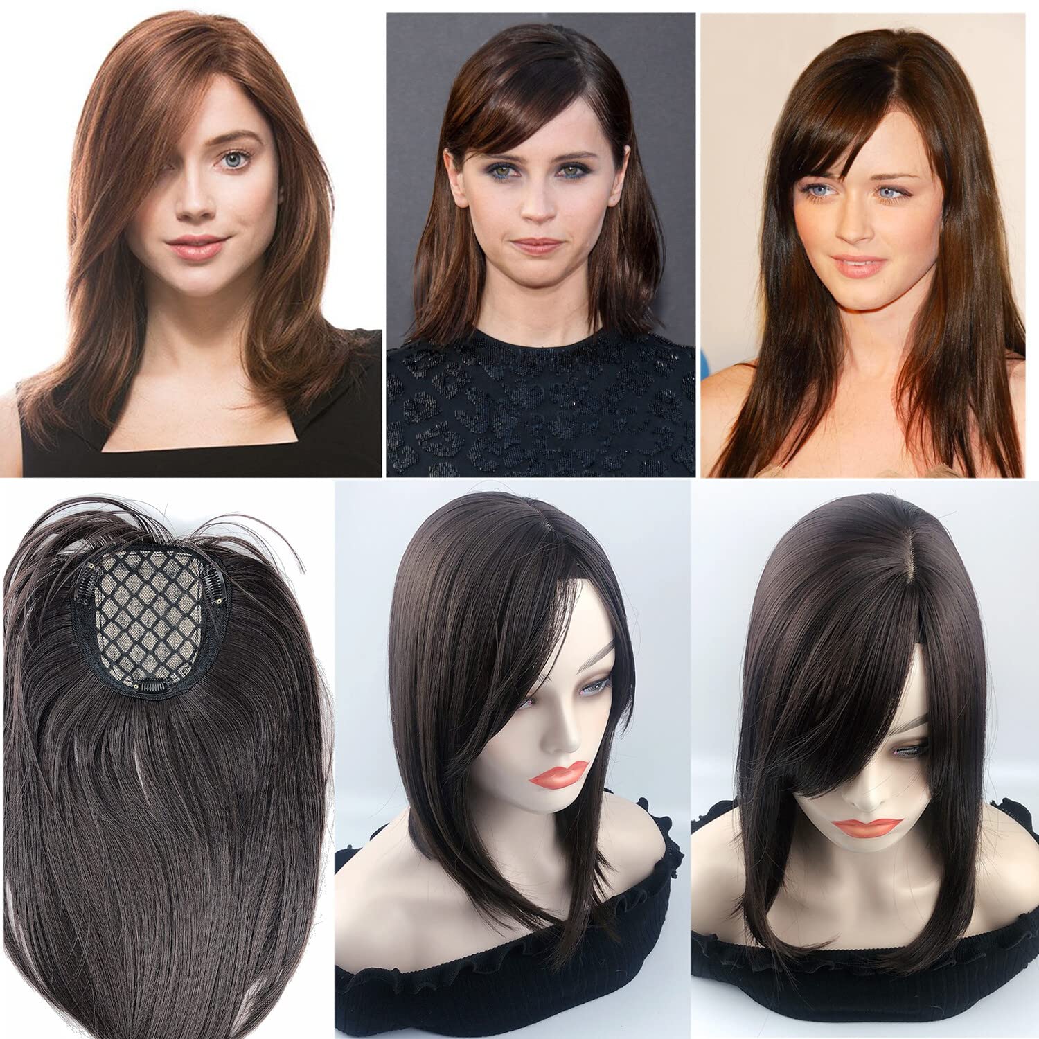 Free Part One Piece Clip in Topper 35cm Super Soft Silk Base Head Forehead Wiglet With Bangs Straight Snythetic Replacement Dark Brown