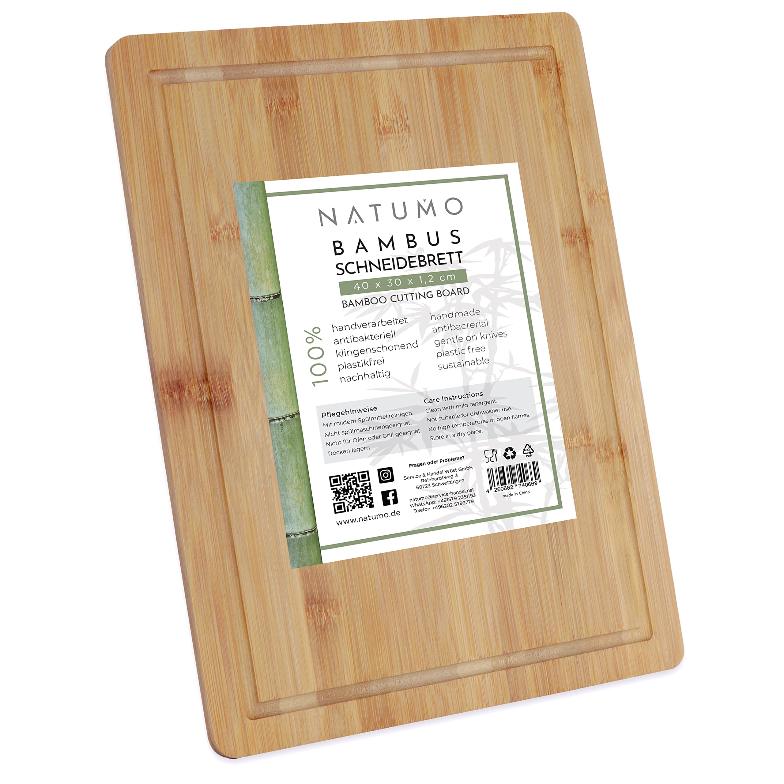 NATUMO Bamboo Chopping Board with Juice Groove 40 x 30 x 1 cm Wooden Board for Kitchen Board and Serving Board, Solid Wood, XXL