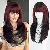 7JHH WIGS Long Straight Dark Red Synthetic Wig with Bangs 25inch Layered Hair Tail Dye Black Heart Resistant Synthetic Fiber Natural Looking Wigs for Women Party Cosplay and Daily Used