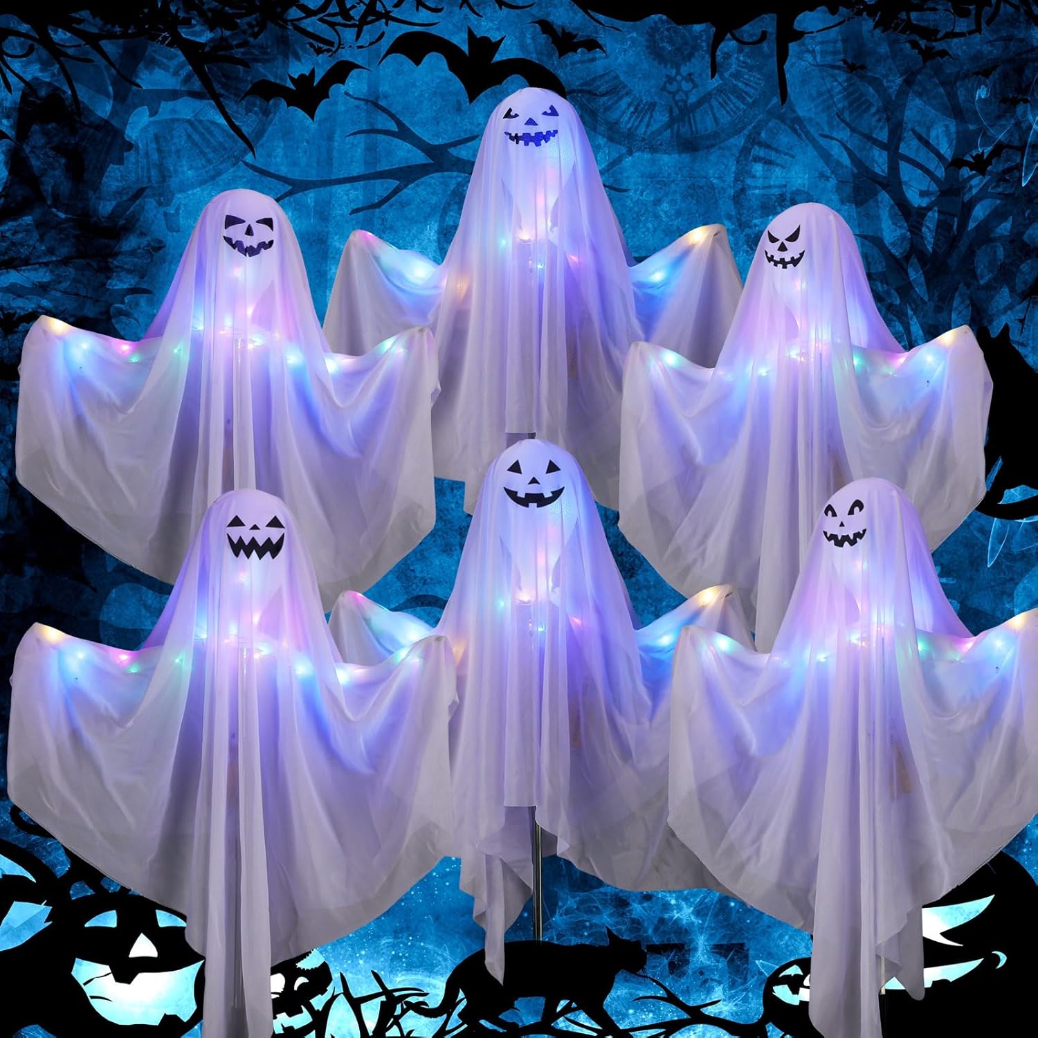 Decorative Garden Stakes - Kittmip 6 Pcs Halloween Lighted Ghost Stakes 23.6'' Halloween Ghost Yard Stakes Halloween Yard Decorations with Multicolored Lights Light up Ghosts for Halloween Party Holiday Yard Lawn Haunted House