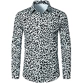 LucMatton Men's Leopard Print Long Sleeve Button Up Shirt Vintage Cheetah Animal Pattern Slim Fit Dress Shirt​
