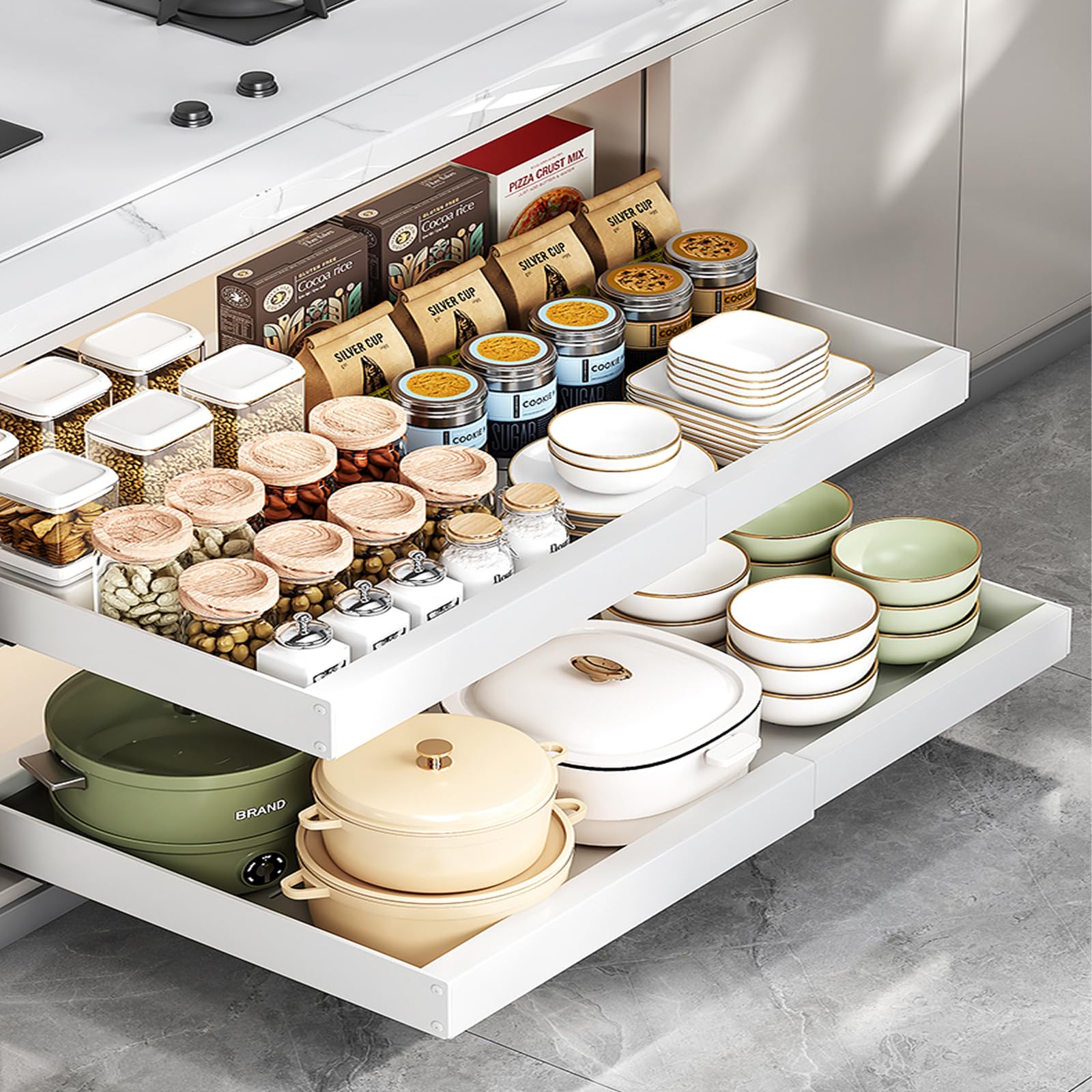 Photo 1 of 2 Pack Expandable Pull Out Cabinet Organizer 21" Deep, Upgrade 3 Slide Rails No Drill Adjustable Slide Out Drawers, Adjustable Width 12.05"-20.5" for Kitchen,Pantry,Framed Cabinets White