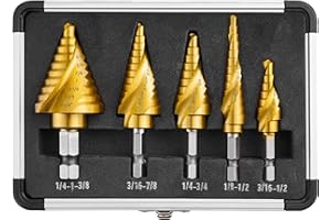 IRONANT Step Drill Bits, 5PCS Spiral Grooved HSS Titanium Step Drill Bit Set, 50 Sizes High Speed Steel Step Bits for Metal with Aluminum Case