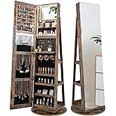 CHARMAID 360° Swivel Jewelry Armoire with Full Length Mirror, Rear Storage Shelves, Lockable Standing Jewelry Cabinet Organizer with Interior Vanity Mirror and 3-Color Lights (Rustic Brown)