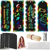 MAQIHAN 36 Sets Scratch Art Bookmarks - DIY Rainbow Bookmark Kit with Tools | 4 Styles Scratch Art Paper with Satin Ribbons for Christmas Ornaments Hanging Decor, DIY Party Favors and Classroom Crafts