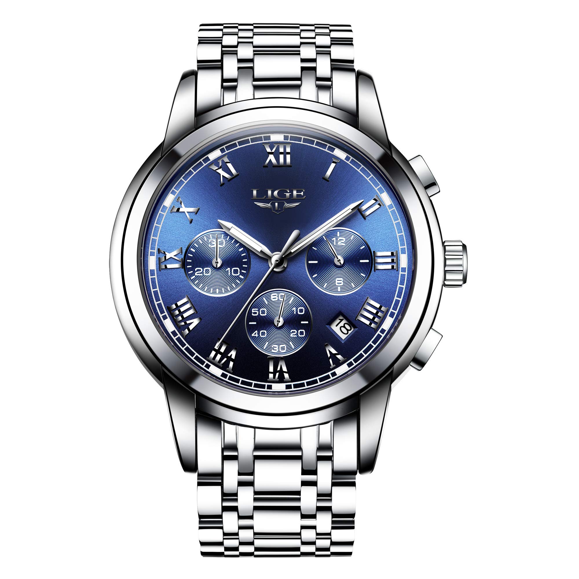 LIGE Watches Mens Fashion Waterproof Analog Quartz Watch Men Chronograph Stainless Steel Wrist Watches