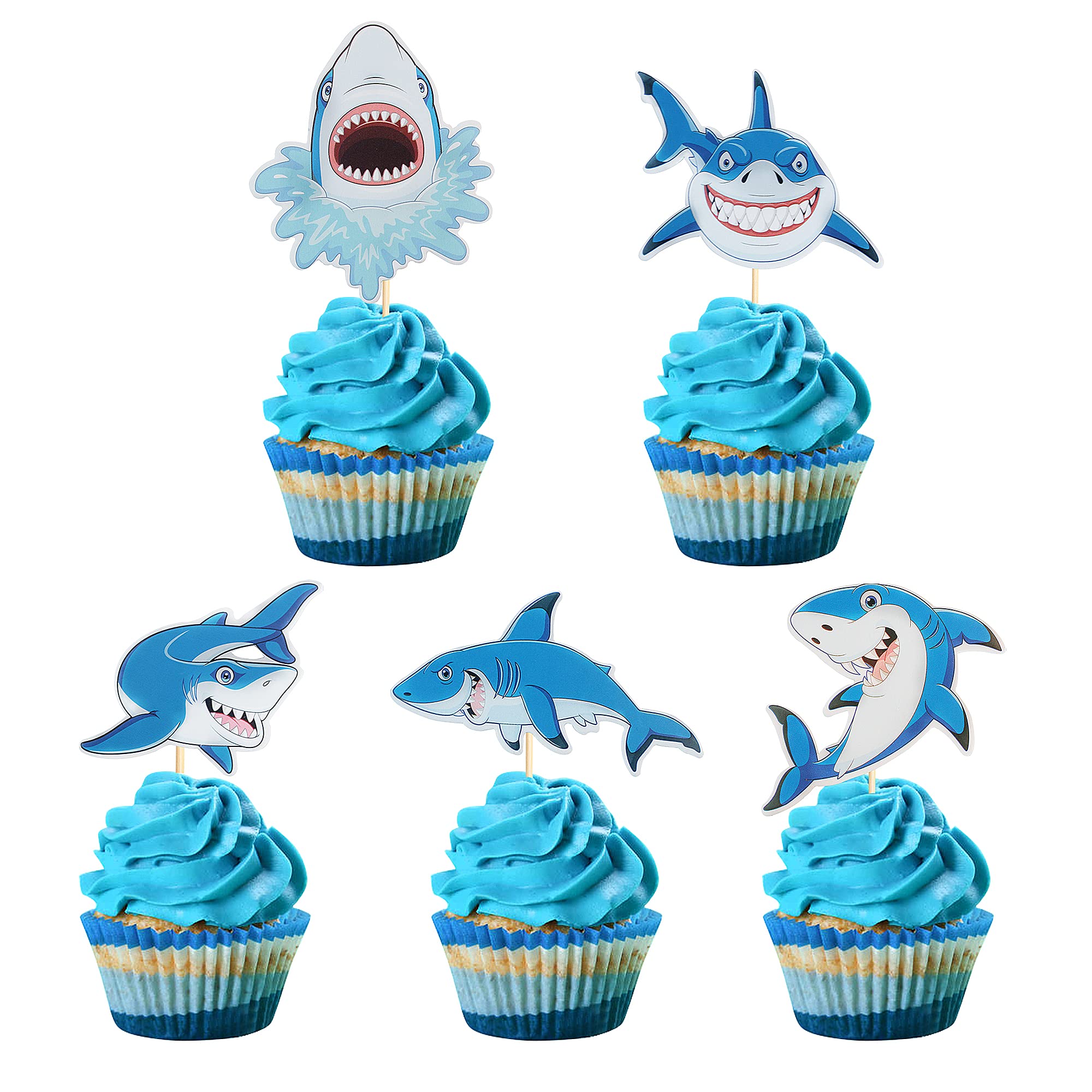 Blumomon 25 Pack Shark Cupcake Toppers Blue Shark Cake Decorations for Kids Boy Girl Babyshower Birthday Party Supply Decorations