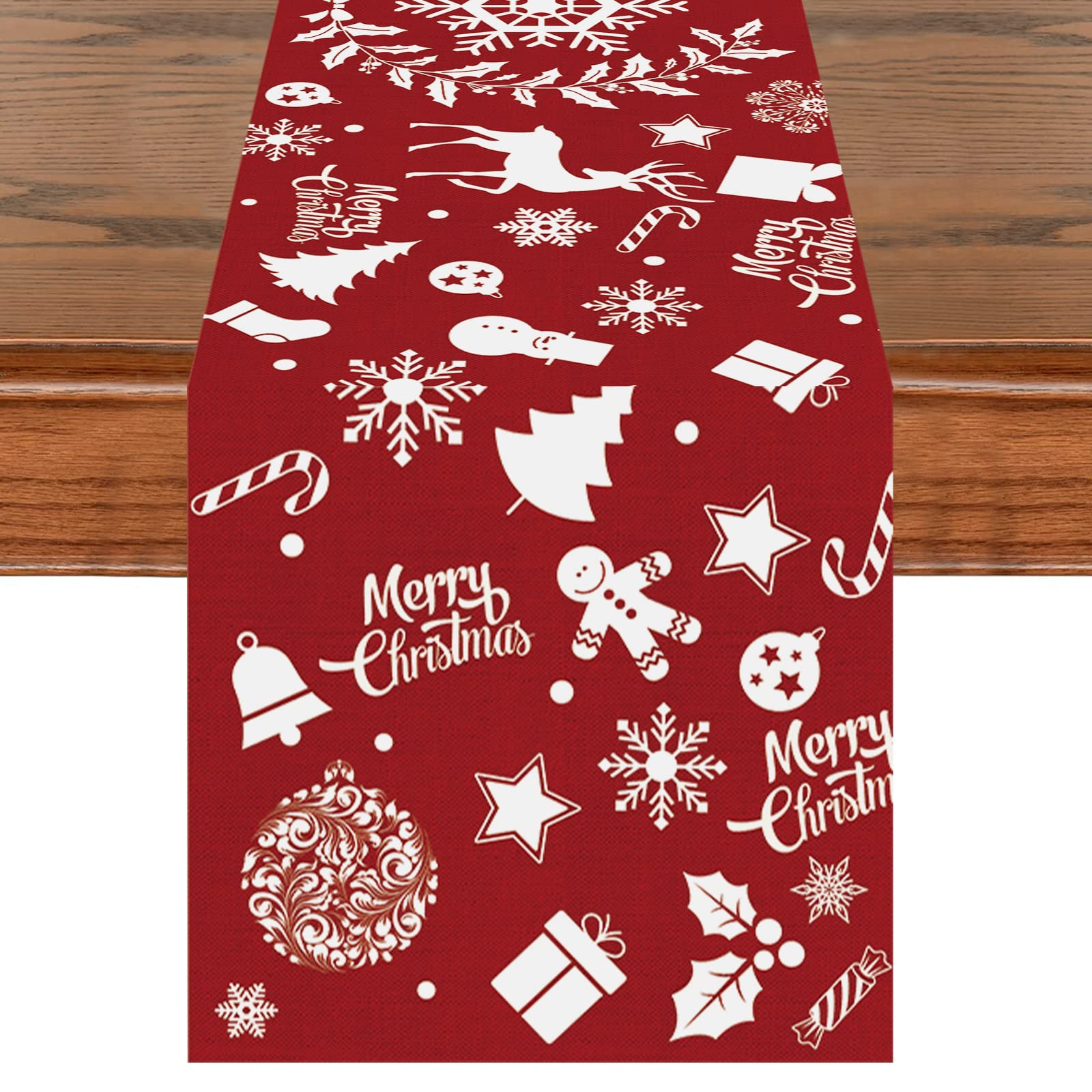 Red Christmas Table Runner, 13 x 72 Inch Xmas White Rentier Wreath Snowflake Pattern Table Runner, Seasonal Winter Holiday Kitchen Dining Table Line Decoration Indoor Outdoor Home Party Decor