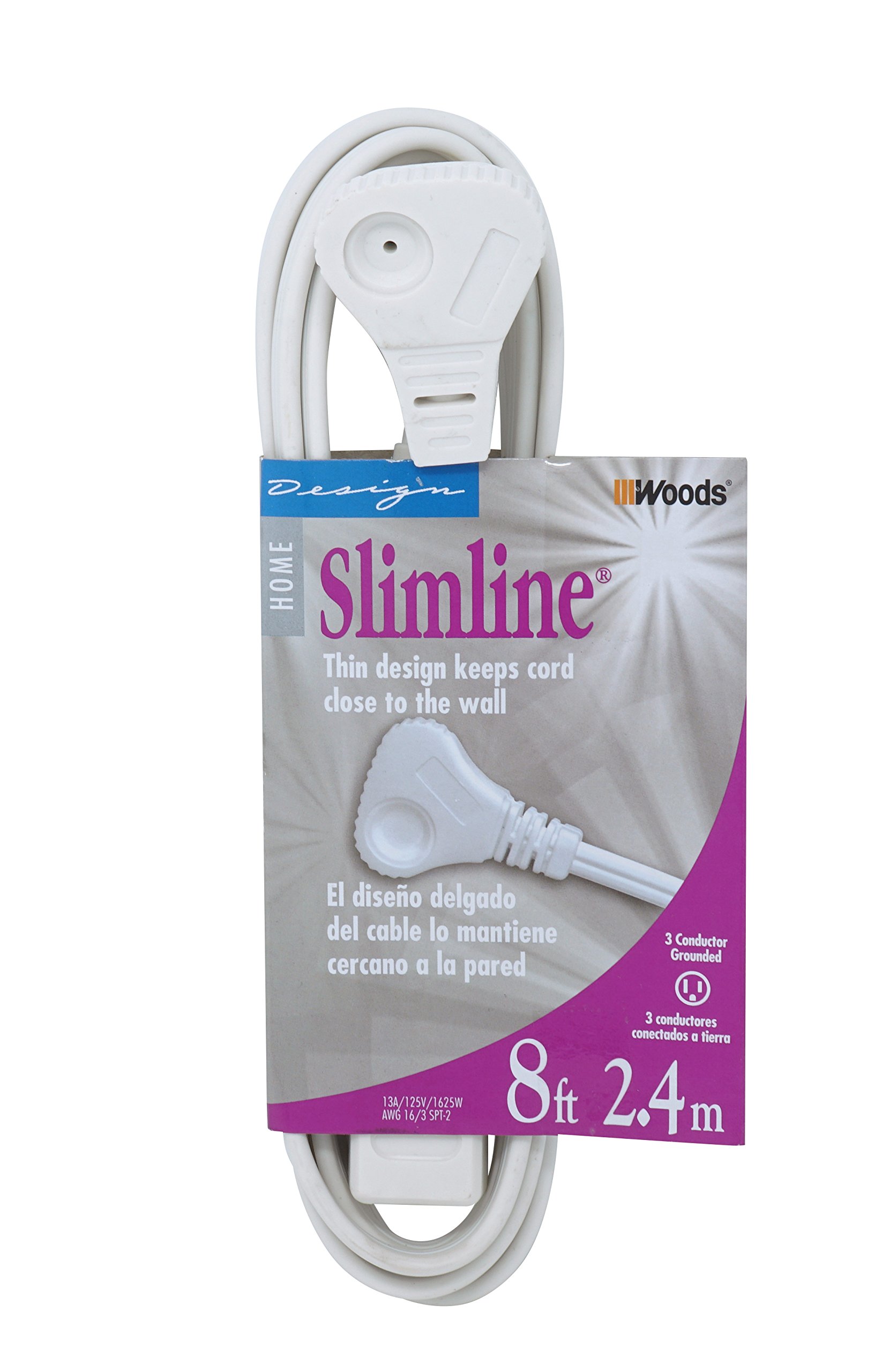 SlimLine 2241 Flat Plug Extension Cord, 3-Wire, 8-Foot, White