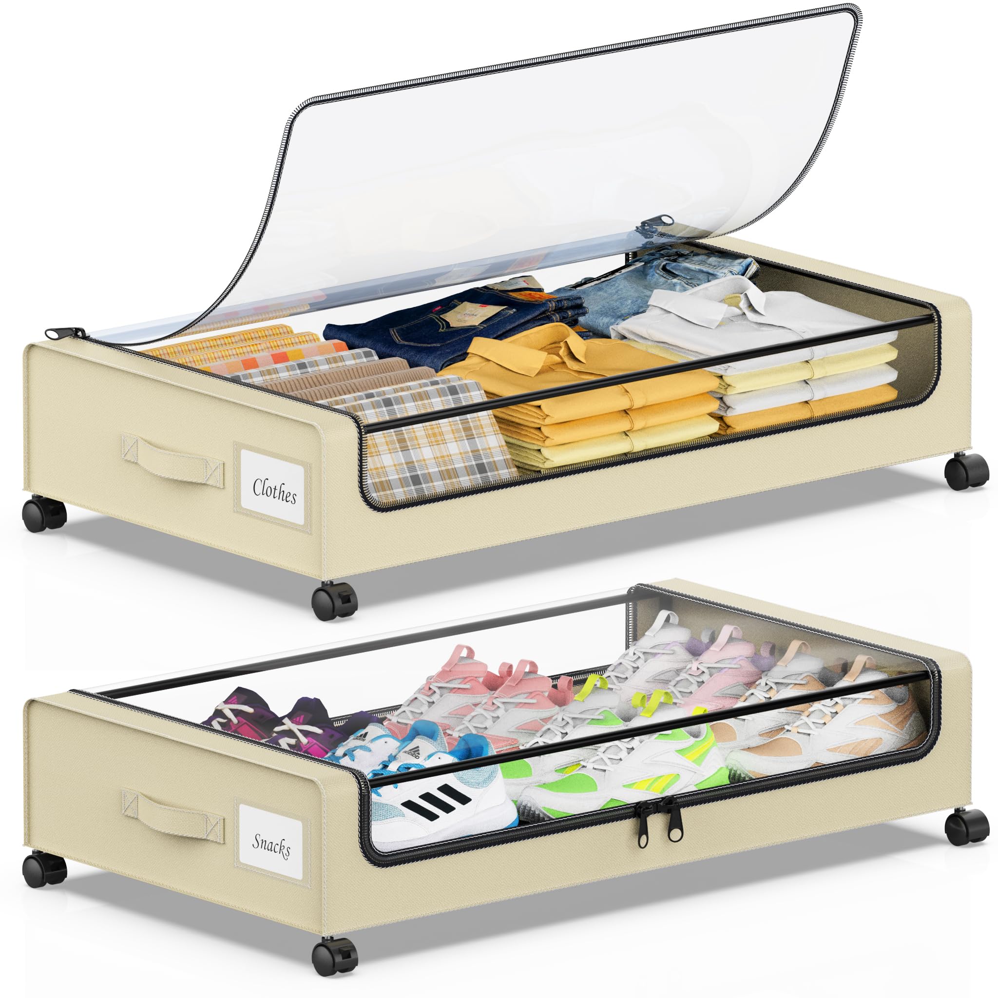 Beborxue Under Bed Storage with Wheels, 2-Pack Under the Bed Storage Containers with Lids, XXL 60L Under Bed Shoes Storage Organizer Bins, Rolling Underbed Storage for Clothes, Shoes, Blankets (Beige)